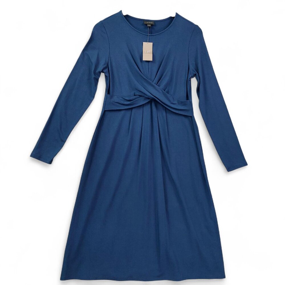J Jill Wearever Dress XS Blue Long Sleeve Twist Front Midi Rayon Office Career